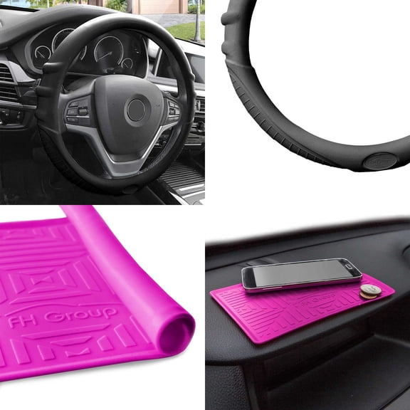 FH Group Universal Fit Silicone Steering Wheel Cover Grip Marks w/ Dash Mat for Auto Black FH3003BLACK-FH3011HOTPINK