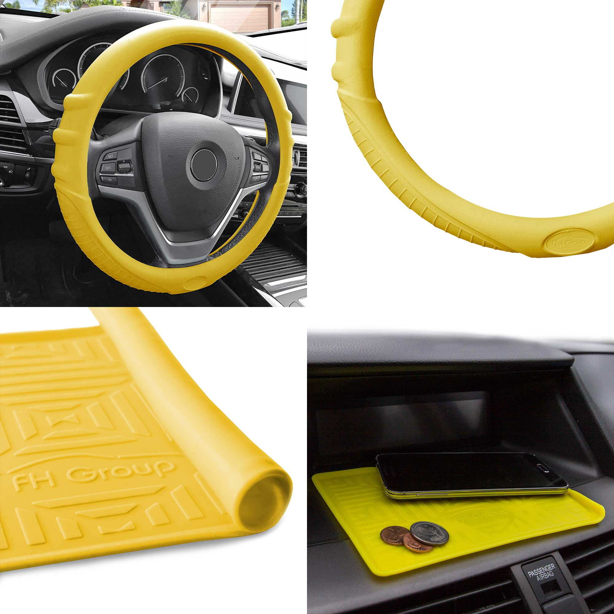 FH Group Universal Fit Silicone Steering Wheel Cover Grip Marks w Yellow Dash Mat Yellow for Auto FH3003YELLOW FH3011YELLOW