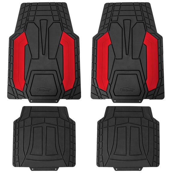 FH Group Universal Fit Trimabble Rubber Car Floor Mats with Stripped Design – Red Full Set