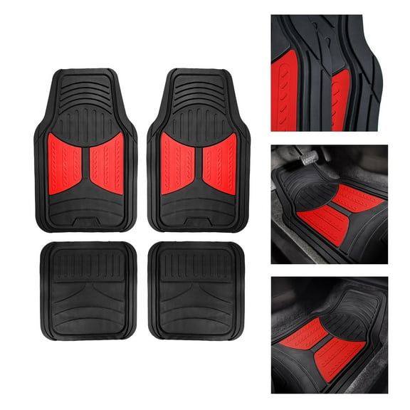 FH Group Universal Fit Two-tone Car Floor Mats Heavy Duty Rubber Full Set 4 Pc Red - F11313RED