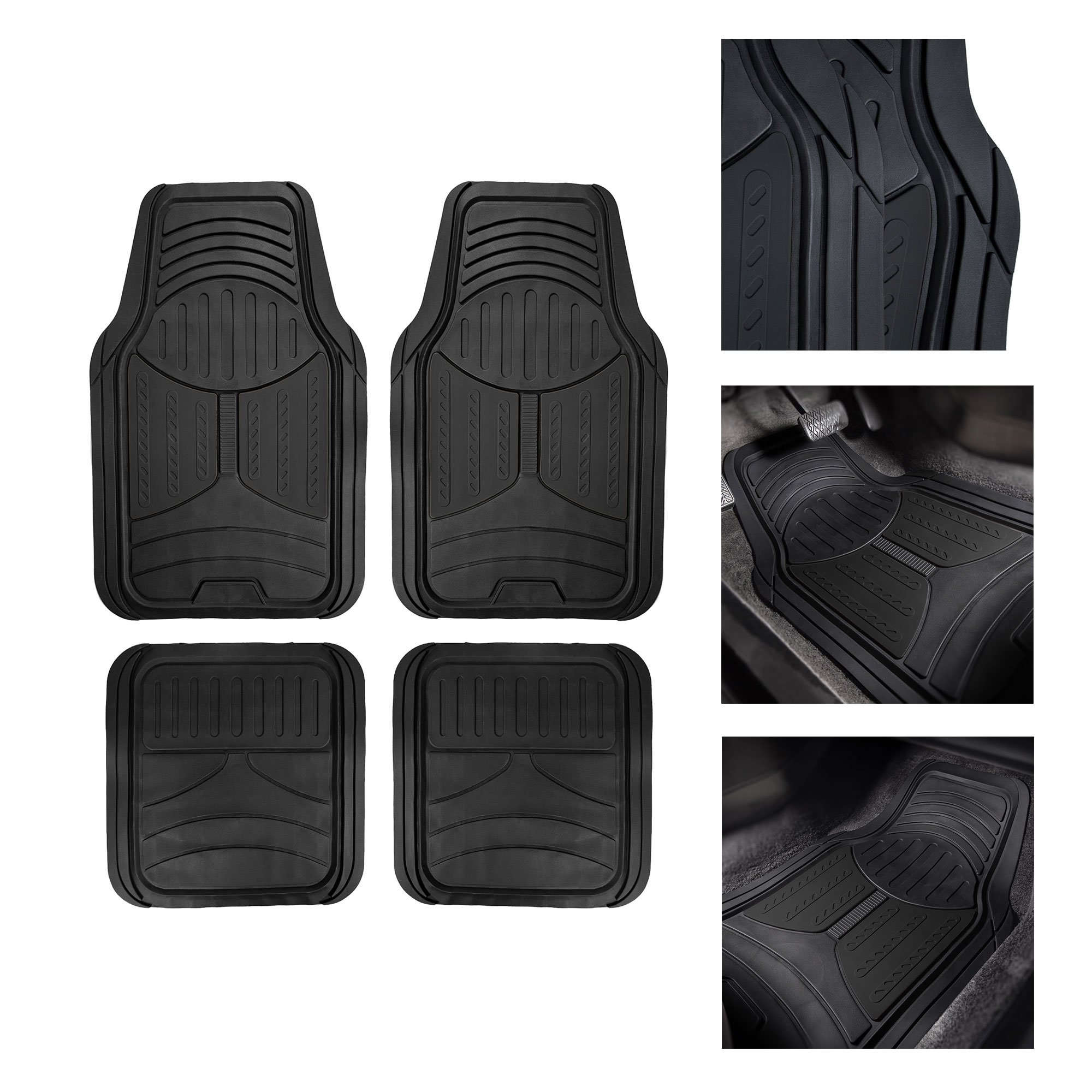 FH Group Two-Tone Black Rubber Floor Mats, 4-Piece Heavy Duty Set