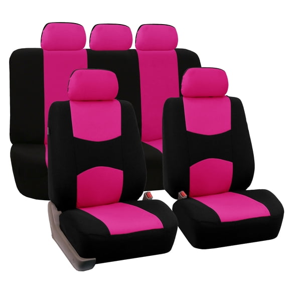 FH Group Universal Flat Cloth Fabric 5 Headrests Full Set Car Seat Cover, Pink and Black