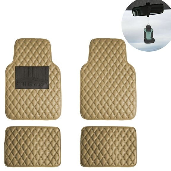 FH Group Universal Floor Mats for Cars Leather Diamond Design For Auto Beige w/ Gift
