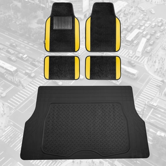 FH Group, Yellow Black Carpet Floor Mats Combo w/ Rubber Trunk Cargo Linear Mat
