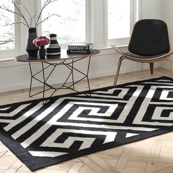 FH Home Area Rug - Hand Woven, Stain Resistant, Pet Friendly - Premium Recycled Polyester Yarn & Reclaimed Rubber - Stripes - Bedroom, Living/Dining Room - Vancouver - Black - 8 x 10 ft