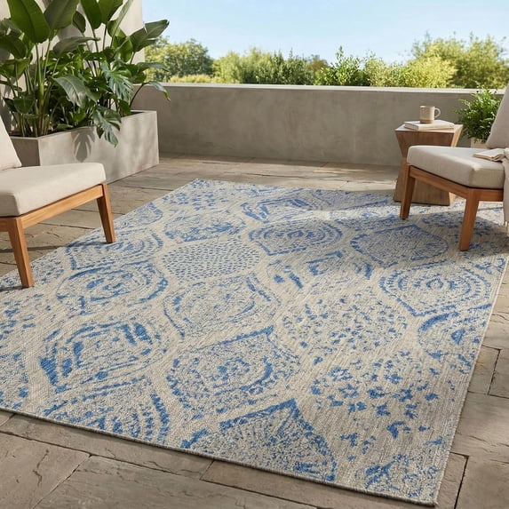 FH Home Outdoor Rug - Waterproof Easy to Clean Stain Resistant - Patio Indoor Outdoor Porch Deck Balcony Entryway - Ombre Modern - Granada - Blue - 7ft 8in x 9ft 8in
