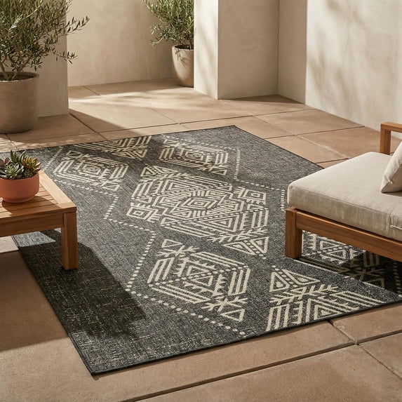 FH Home Flat Woven Outdoor Rug - Waterproof, Easy to Clean, Stain Resistant - Premium Polypropylene Yarn - Boho Moroccan - Large Patio, Deck, Sunroom - Ariana - Charcoal - 5ft 2in x 7ft 6in