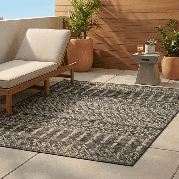 FH Home Flat Woven Outdoor Rug - Waterproof, Easy to Clean, Stain Resistant - Premium Polypropylene Yarn - Boho Moroccan - Porch, Deck, Balcony, Laundry Room - Dakar - Charcoal - 2ft 7in x 4ft 11in