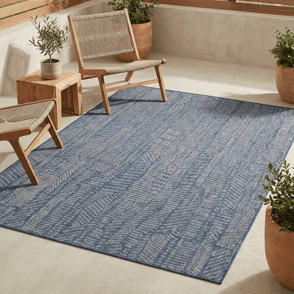FH Home Flat Woven Outdoor Rug - Waterproof, Easy to Clean, Stain Resistant - Premium Polypropylene Yarn - Modern Abstract - Patio, Porch, Deck, Balcony - Suez - Blue - 5ft 2in x 7ft 6in