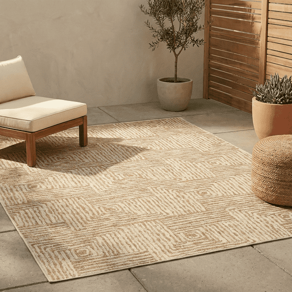 FH Home Flat Woven Outdoor Rug - Waterproof, Easy to Clean, Stain Resistant - Premium Polypropylene Yarn - Modern Geometric - Patio, Porch, Deck, Balcony - Budapest - Beige - 5ft 2in x 7ft 6in