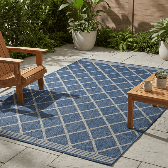 FH Home Flat Woven Outdoor Rug - Waterproof, Easy to Clean, Stain Resistant - Premium Polypropylene Yarn - Moroccan Geo Lattice - Patio,Deck,Porch,Balcony,Laundry - Tunis - Blue - 3ft 11 in x 5ft 6in