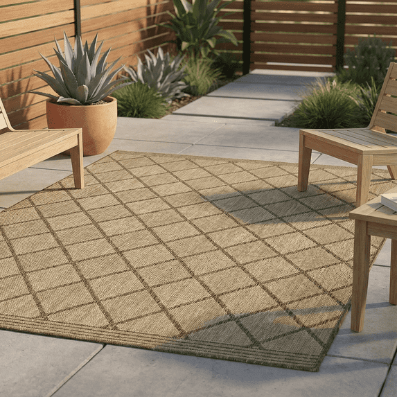 FH Home Flat Woven Outdoor Rug - Waterproof, Easy to Clean, Stain Resistant - Premium Polypropylene Yarn - Moroccan Geometric Lattice - Patio, Porch, Deck, Balcony - Tunis - Sand - 5ft 4in x 7ft 6in