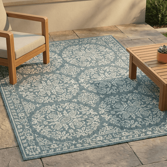 FH Home Flat Woven Outdoor Rug - Waterproof, Easy to Clean, Stain Resistant - Premium Polypropylene Yarn - Persian Farmhouse - Large Patio, Deck, Sunroom - Marbella - Ocean - 7ft 10 in x 10ft 9in