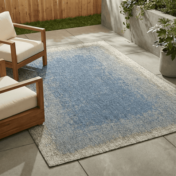 FH Home Outdoor Rug - Waterproof Easy to Clean Stain Resistant - Patio Indoor Outdoor Porch Deck Balcony Entryway - Ombre Modern - Dhruva - Blue - 4' x 6'
