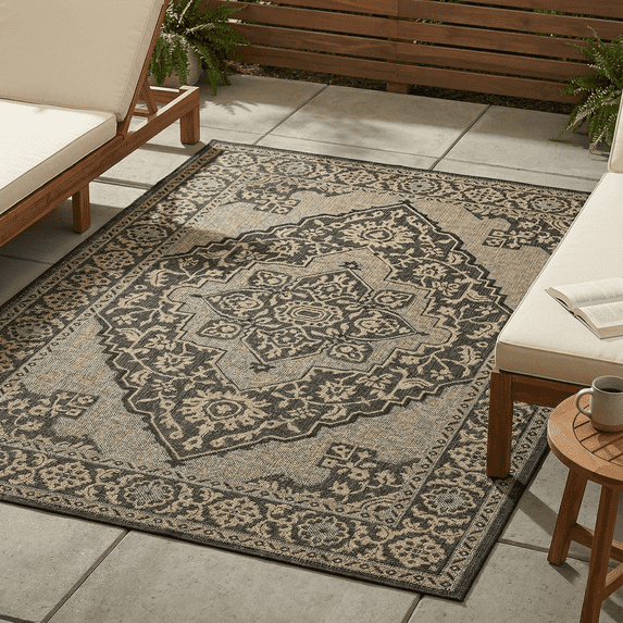 FH Home Flat Woven Outdoor Rug - Waterproof, Easy to Clean, Stain Resistant - Premium Polypropylene Yarn - Vintage Persian - Large Patio, Deck, Sunroom - Ankara - Charcoal - 7ft 10 in x 10ft 9in