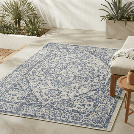 FH Home Flat Woven Outdoor Rug - Waterproof, Easy to Clean, Stain Resistant - Premium Polypropylene Yarn - Vintage Persian - Patio, Deck, Porch,Balcony - Ankara - Distressed Blue - 3ft 11in x 5ft 6in