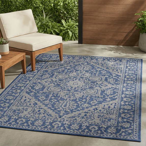 FH Home Flat Woven Outdoor Rug - Waterproof, Easy to Clean, Stain Resistant - Premium Polypropylene Yarn - Vintage Persian - Patio, Porch, Deck, Balcony - Amol - Blue - 5ft 4in x 7ft 6in