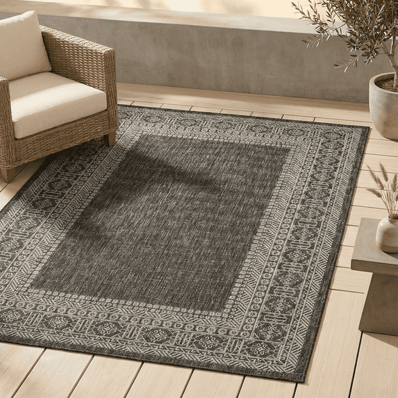 FH Home Flat Woven Outdoor Rug - Waterproof, Easy to Clean, Stain resistant - Premium Polypropylene Yarn - Bordered Moroccan -Patio, Deck,Porch,Balcony,Laundry - Accra - Charcoal - 3ft 11in x 5ft 6in
