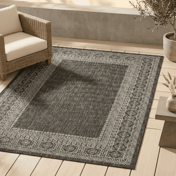 FH Home Flat Woven Outdoor Rug - Waterproof, Easy to Clean, Stain resistant - Premium Polypropylene Yarn - Bordered Moroccan -Porch, Deck, Balcony,Laundry Room - Accra - Charcoal - 2ft 7in x 4ft 11in