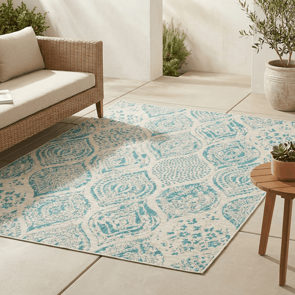 FH Home Flat Woven Outdoor Rug - Waterproof, Easy to Clean, Stain resistant - Premium Polypropylene Yarn - Distressed Farmhouse -Porch, Deck,Balcony,Laundry Room - Granada - Aqua - 2ft 7in x 4ft 11in