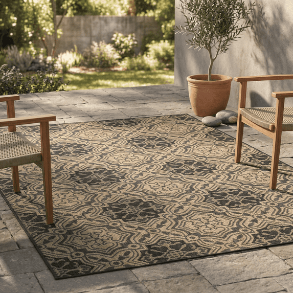 FH Home Flat Woven Outdoor Rug - Waterproof, Easy to Clean, Stain resistant - Premium Polypropylene Yarn - Mosaic Tile -Patio, Deck, Porch, Balcony, Laundry - Messina - Charcoal - 3ft 11 in x 5ft 6in