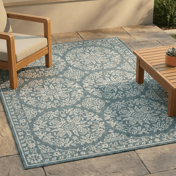 FH Home Flat Woven Outdoor Rug - Waterproof, Easy to Clean, Stain resistant - Premium Polypropylene Yarn - Persian Farmhouse -Patio,Deck,Porch,Balcony,Laundry - Marbella - Ocean - 3ft 11 in x 5ft 6in