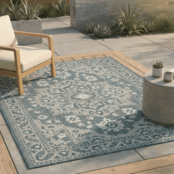 FH Home Flat Woven Outdoor Rug - Waterproof, Easy to Clean, Stain resistant - Premium Polypropylene Yarn - Vintage Persian -Patio, Deck, Porch, Balcony, Laundry - Shiraz - Ocean - 3ft 11 in x 5ft 6in