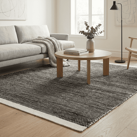 FH Home Machine Washable Area Rug - Hand Woven, Stain Resistant, Pet Friendly - Premium Recycled Polyester Yarn - Solid - Kitchen, Bathroom - Kingscote - Black & White - 2 x 3 ft