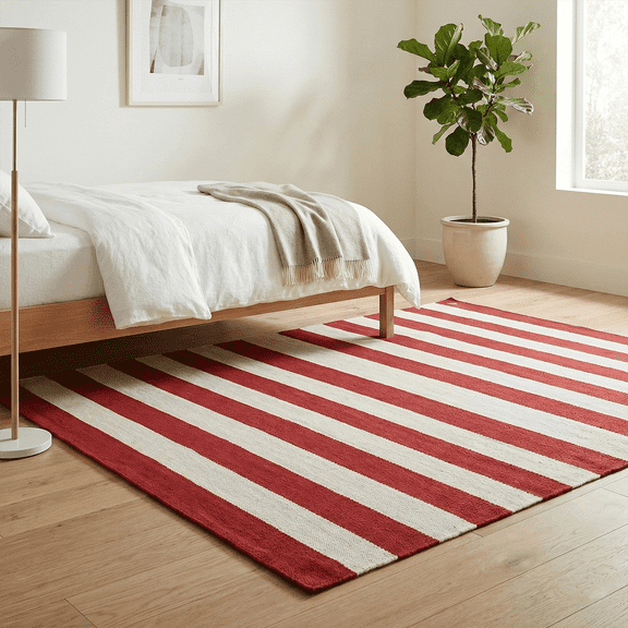 FH Home Machine Washable Area Rug - Hand Woven, Stain Resistant, Pet Friendly - Premium Recycled Polyester Yarn - Stripes - Bedroom, Living/Dining Room - Nantucket - Red & White - 5 x 8 ft