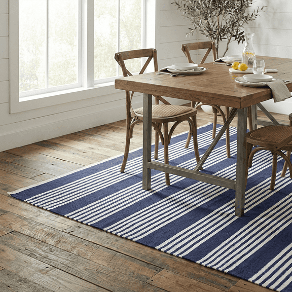 FH Home Machine Washable Area Rug - Hand Woven, Stain Resistant, Pet Friendly - Premium Recycled Polyester Yarn - Stripes - Bedroom, Living Room - Mariona Stripe - Blue & White - 4 x 6 ft