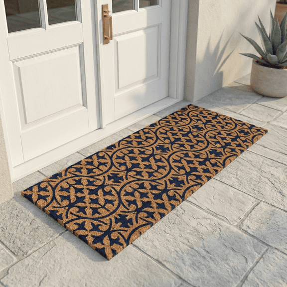 Fab Habitat Non Slip Doormat - Durable, Thin - Natural Coir & Rubber - Entryway, Double Door, Porch, Patio - Blue Tile (18" x 60" Non-Slip)