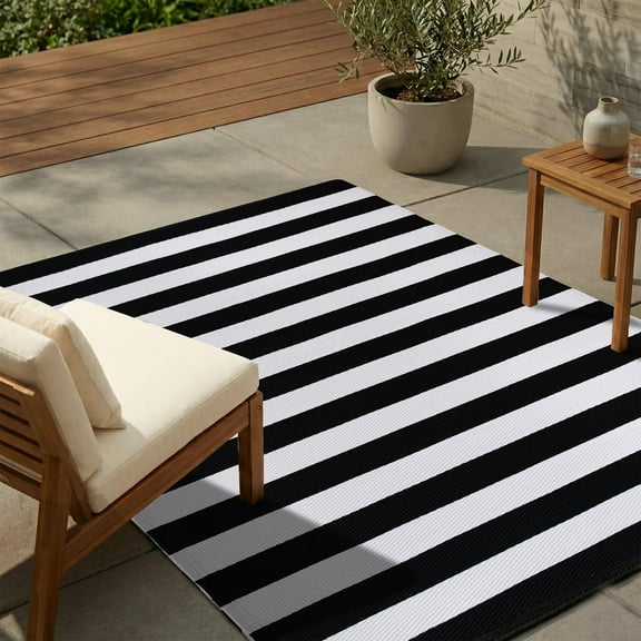 FH Home Outdoor Rug - Reversible - Indoor Use, Kids Room, Mudroom - Stain Resistant, Easy to Clean Weather Resistant Floor Mats - Brittany Stripe - Black & White (6 ft x 9 ft)
