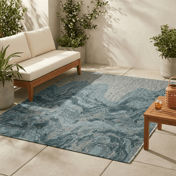 FH Home Outdoor Rug - Waterproof Easy to Clean Stain Resistant - Patio Indoor Outdoor Porch Deck Balcony Entryway - Modern Abstract - Freeport - Blue - 5ft 2in x 7ft 6in
