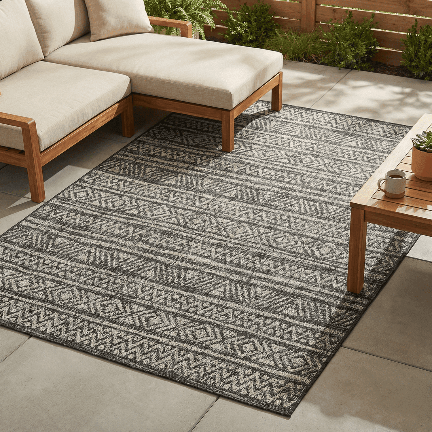 FH Home Flat Woven Outdoor Rug - Waterproof, Easy to Clean, Stain resistant - Premium Polypropylene Yarn - Striped Boho -Patio,Deck,Porch,Balcony, Laundry Room - Amman - Charcoal - 6' x 9'