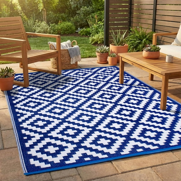 FH Home Outdoor Rug - Waterproof, Fade Resistant, Crease-Free - Premium Recycled Plastic - Geometric - Large Patio, Deck, Sunroom, Camping, RV - Aztec - Blue & White - 6 x 9 ft