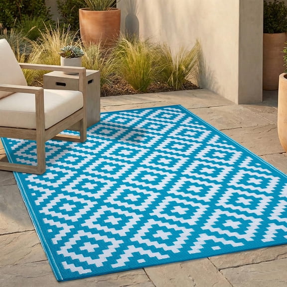 FH Home Outdoor Rug - Waterproof, Fade Resistant, Crease-Free - Premium Recycled Plastic - Geometric - Porch, Deck, Balcony, Mudroom, Laundry Room, Patio - Aztec - Teal & White - 3 x 5 ft
