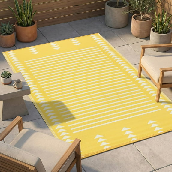 FH Home Outdoor Rug - Waterproof, Fade Resistant, Crease-Free - Premium Recycled Plastic - Geometric - Porch, Deck, Balcony, Mudroom, Laundry Room, Patio - Hampton Stripe - Yellow - 3 x 5 ft