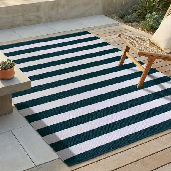 FH Home Outdoor Rug - Waterproof, Fade Resistant, Crease-Free - Premium Recycled Plastic - Striped - Patio, Deck, Porch, Balcony, Laundry Room - Brittany Stripe - Blue & White - 4 x 6 ft