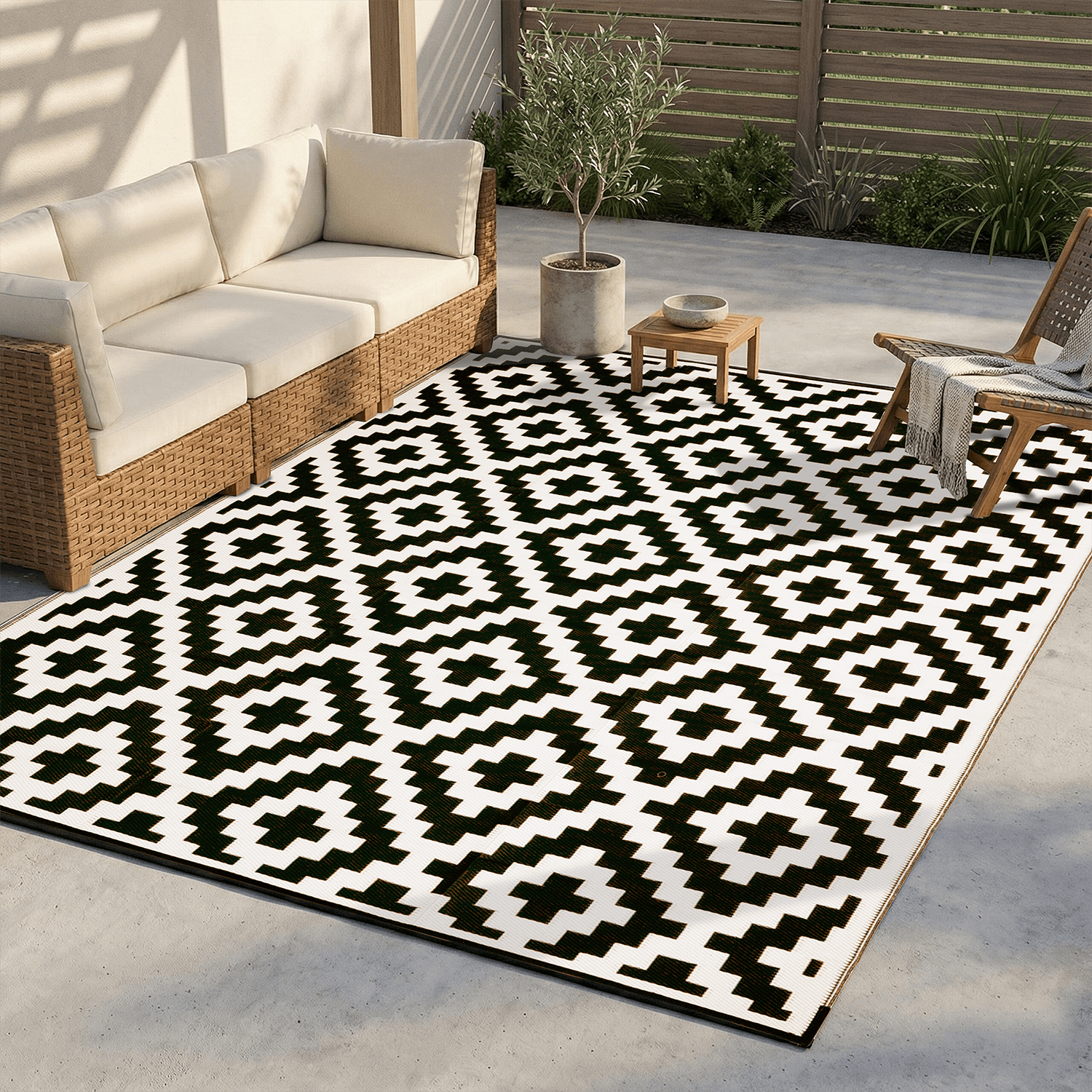 FH Home Outdoor Rug - Waterproof, Fade Resistant, Reversible - Premium Recycled Plastic - Geometric - Large Patio, Deck, Sunroom, RV, Camping - Aztec - Black & White - 9 x 12 ft Foldable