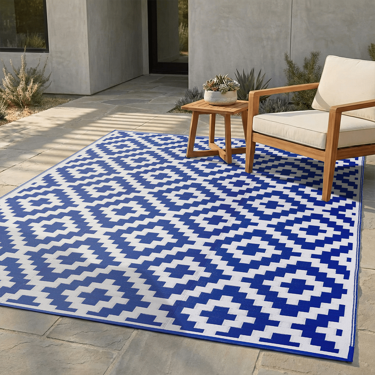 FH Home Outdoor Rug - Waterproof, Fade Resistant, Reversible - Premium Recycled Plastic - Geometric - Large Patio, Deck, Sunroom, RV, Camping - Aztec - Blue & White - 9 x 12 ft Foldable