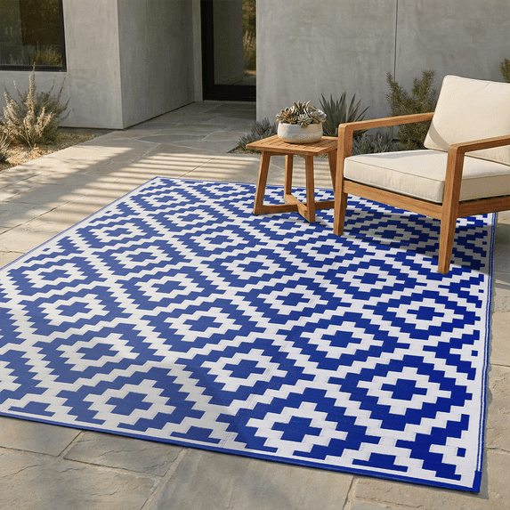 FH Home Outdoor Rug - Waterproof, Fade Resistant, Reversible - Premium Recycled Plastic - Geometric - Large Patio, Deck, Sunroom, RV, Camping - Aztec - Blue & White - 9 x 12 ft Foldable
