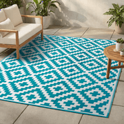FH Home Outdoor Rug - Waterproof, Fade Resistant, Reversible - Premium Recycled Plastic - Geometric - Large Patio, Deck, Sunroom, RV, Camping - Aztec - Teal & White - 9 x 12 ft Foldable