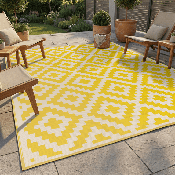FH Home Outdoor Rug - Waterproof, Fade Resistant, Reversible - Premium Recycled Plastic - Geometric - Large Patio, Deck, Sunroom, RV, Camping - Aztec - Yellow & White - 9 x 12 ft Foldable