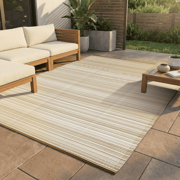 FH Home Outdoor Rug - Waterproof, Fade Resistant, Reversible - Premium Recycled Plastic - Geometric - Patio, Deck, Porch, Balcony - Havana Stripe - Beige (5' x 8') - Foldable Rug