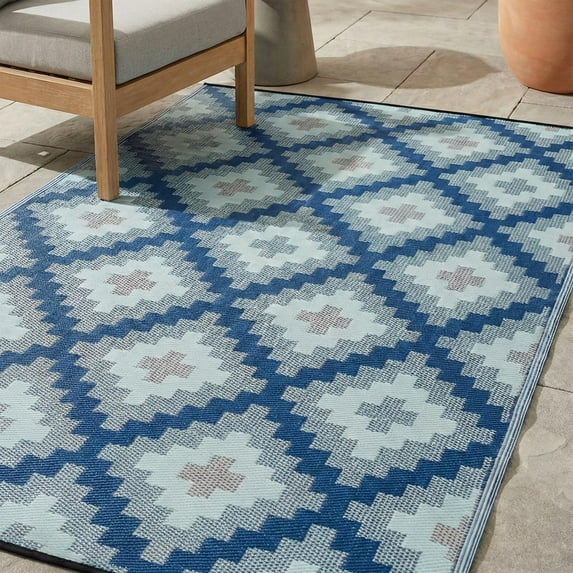 FH Home Outdoor Rug - Waterproof, Fade Resistant, Reversible - Premium Recycled Plastic - Geometric - Patio, Deck, Porch, Balcony, Laundry Room - Aztec Kilim - Blue Multi - 4 x 6 ft