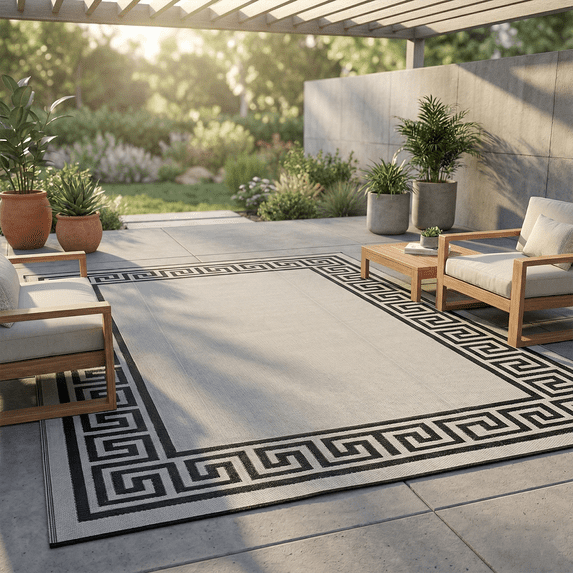 FH Home Outdoor Rug - Waterproof, Fade Resistant, Reversible - Premium Recycled Plastic - Greek Border - Large Patio, Deck, Sunroom, RV, Camping - Athens - Black & White - 9 x 12 ft Foldable