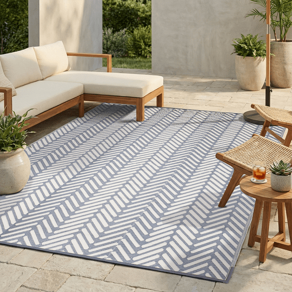 FH Home Outdoor Rug - Waterproof, Fade Resistant, Reversible - Premium Recycled Plastic - Herringbone - Large Patio, Deck, Sunroom, RV, Camping - Fresno - Light Blue - 5 x 8 ft Foldable