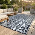 thumbnail image 1 of FH Home Outdoor Rug - Waterproof, Fade Resistant, Reversible - Premium Recycled Plastic - Herringbone - Large Patio, Deck, Sunroom, RV, Camping - Fresno - Navy - 9 x 12 ft Foldable, 1 of 9