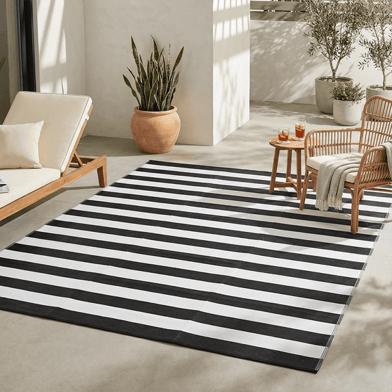 FH Home Outdoor Rug - Waterproof, Fade Resistant, Reversible - Premium Recycled Plastic - Striped - Large Patio, Deck, Sunroom, RV, Camping - Brittany Stripe - Black & White - 5 x 8 ft Foldable
