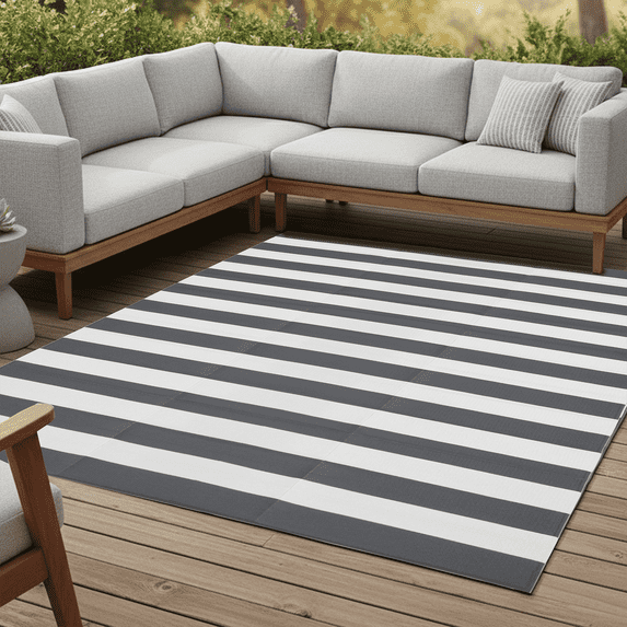 FH Home Outdoor Rug - Waterproof, Fade Resistant, Reversible - Premium Recycled Plastic - Striped - Large Patio, Deck, Sunroom, RV, Camping - Brittany Stripe - Gray & White - 9 x 12 ft Foldable